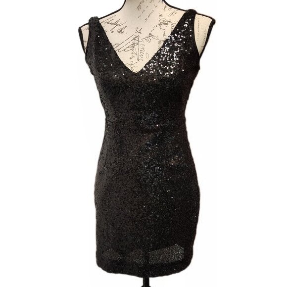 Lulu's Black Sequin Mini Dress Small - LBD Party Bodycon Glam Glitzy Sparkly - Picture 3 of 10